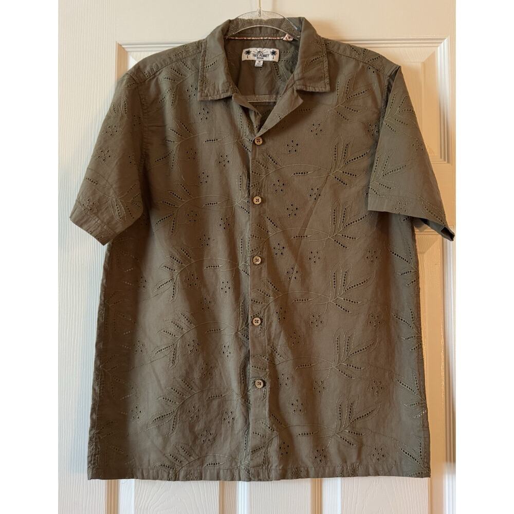 Free Planet Shirt Mens Olive Green Button Up Size M